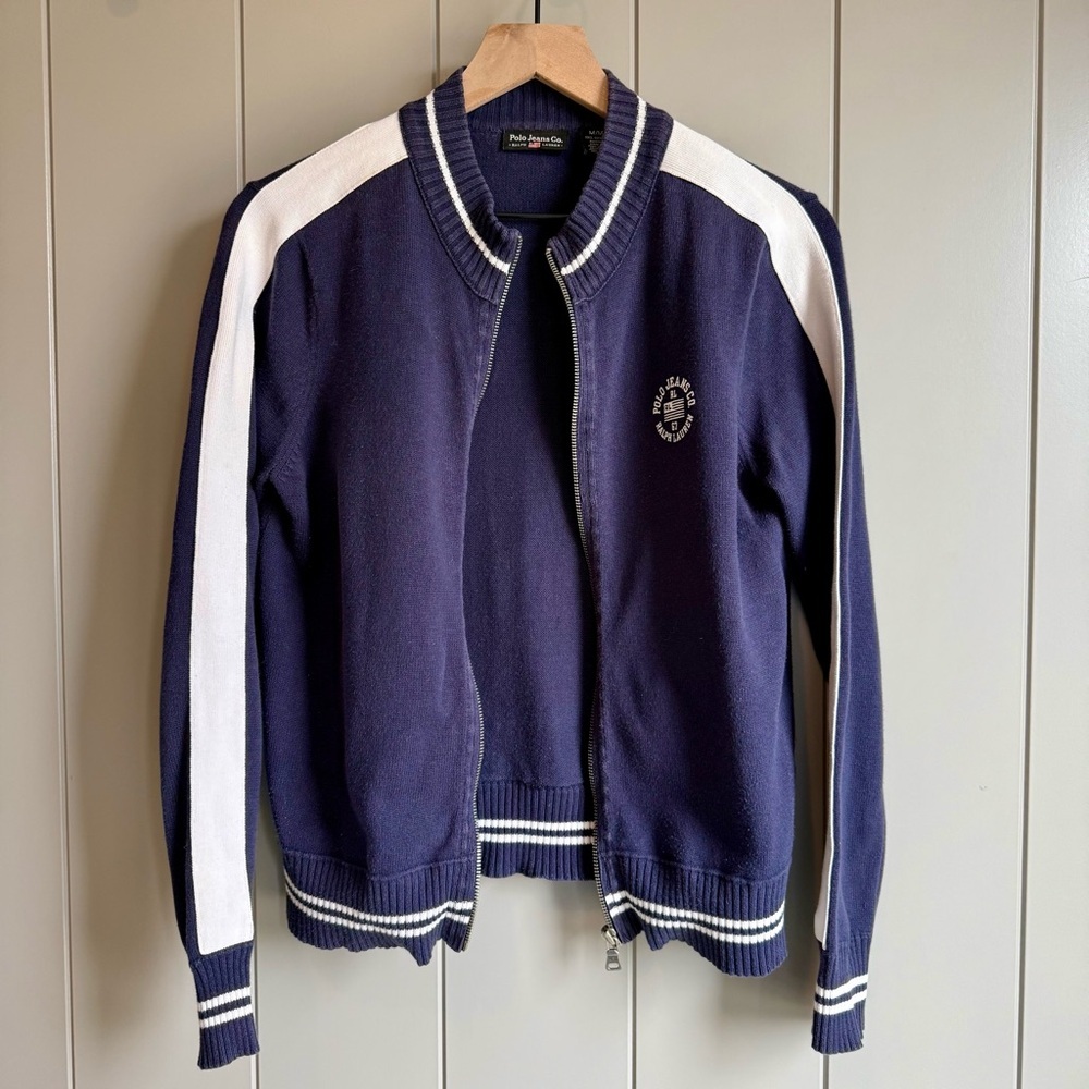 Vtg Polo Jeans Ralph Lauren Sweater Womens Full Zip Varsity Stripe Medium Navy - Picture 13 of 13